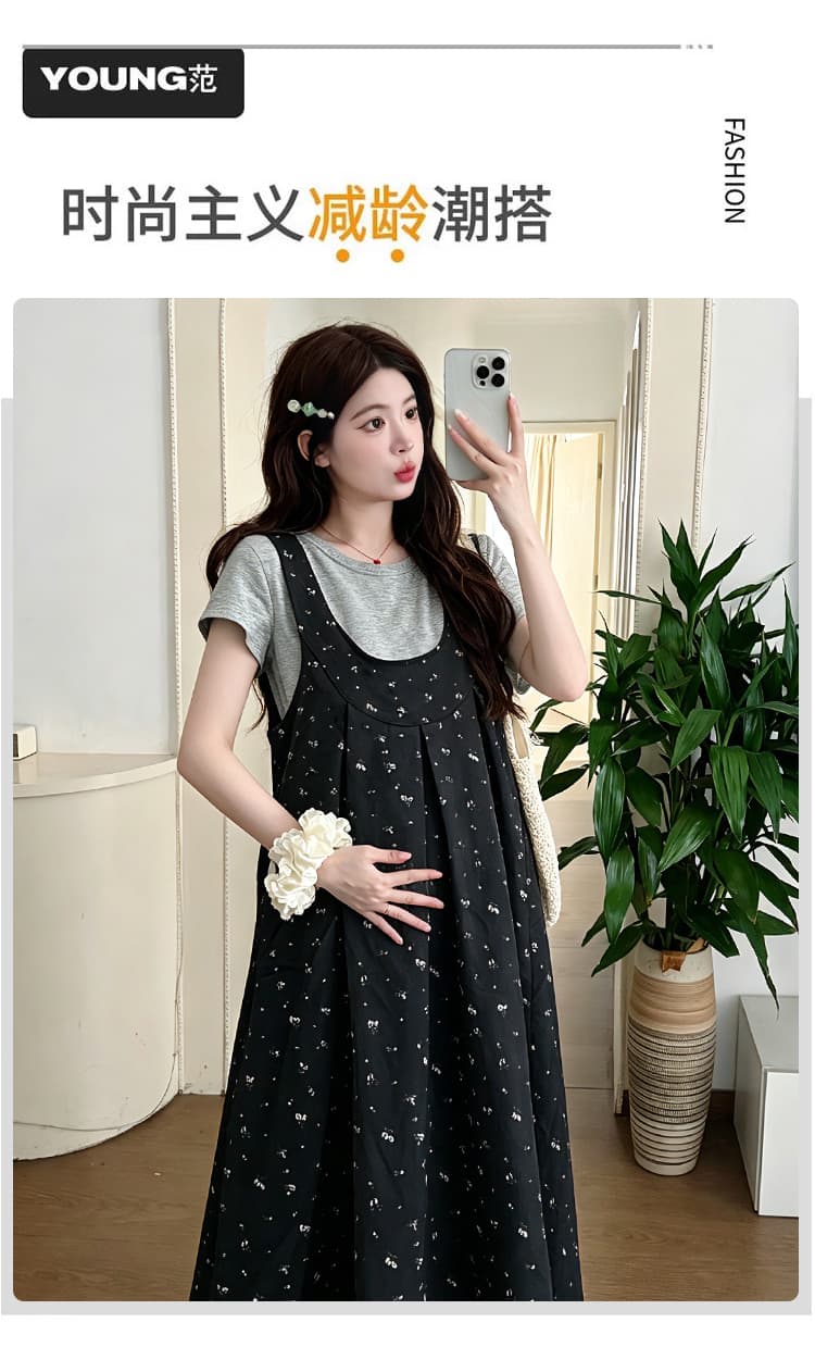 새로운 2026 여름 게으른 착용 가져 가라. 꽃무늬 루즈핏 슬림해 보이는 멜빵 스커트 티셔츠 출산 스커트 상세 이미지 2