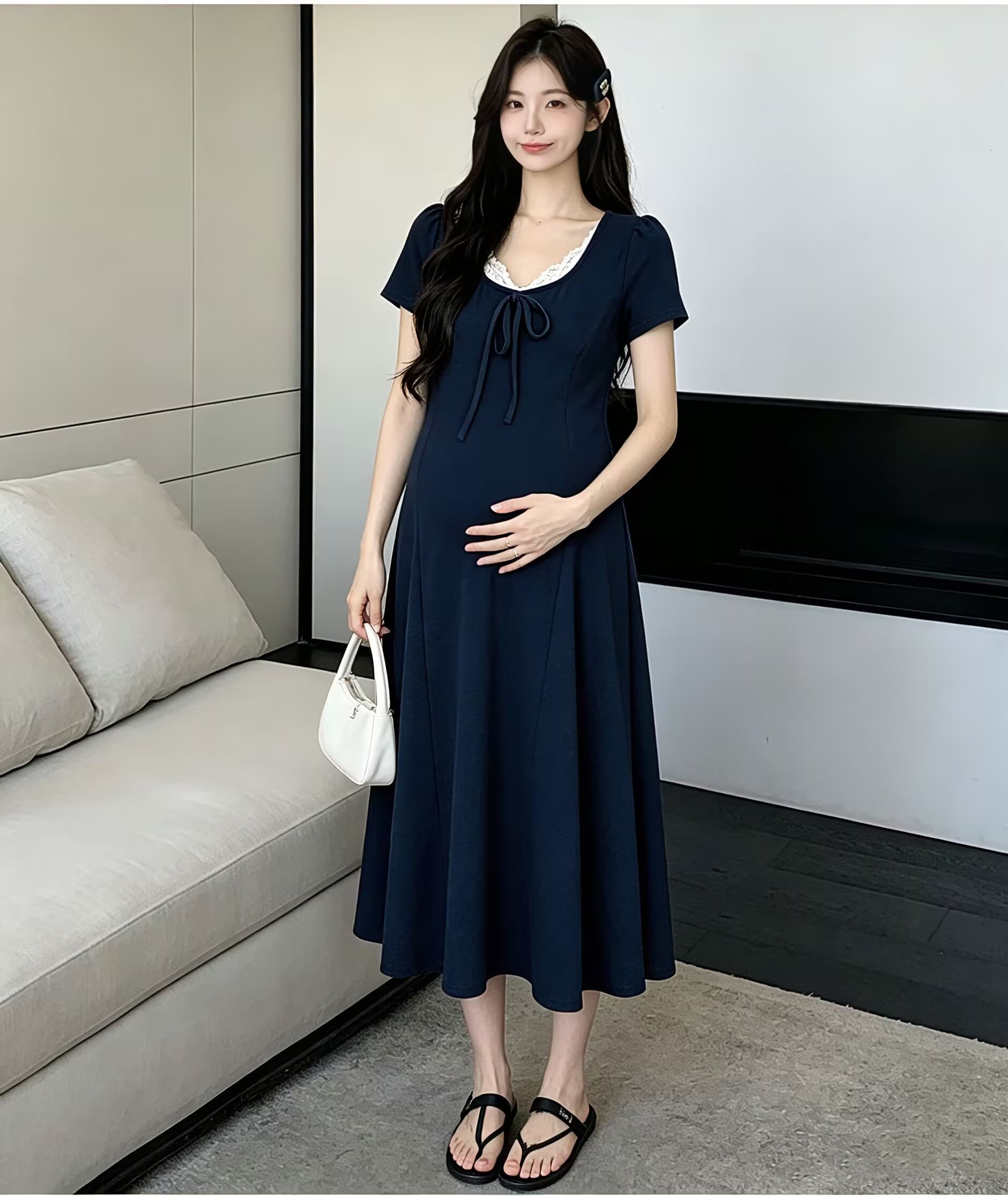 새로운 2026 여름 출산 착용 다용도 순면 캐주얼 롱 스커트 루즈핏 높은 탄력성 임산부 드레스 상세 이미지 23
