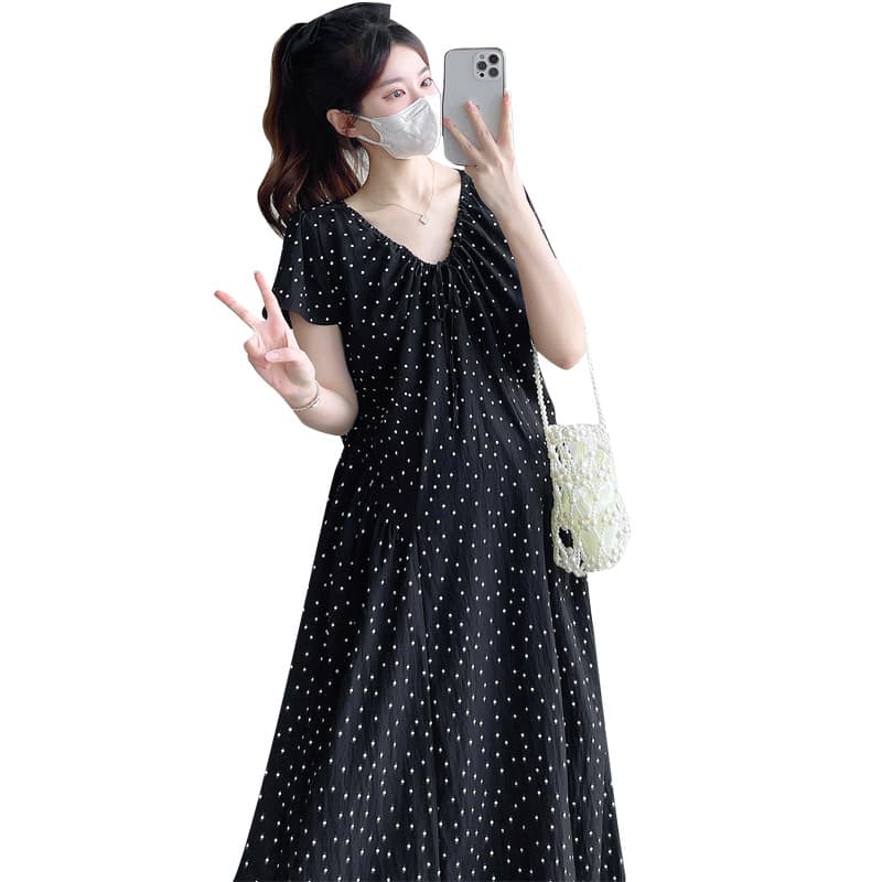 2026 여름 새로운 출산 착용 낭만주의 캐주얼 V넥 레이스업 허리 수축 롱 스커트 루즈핏 임산부 드레스 이미지 6