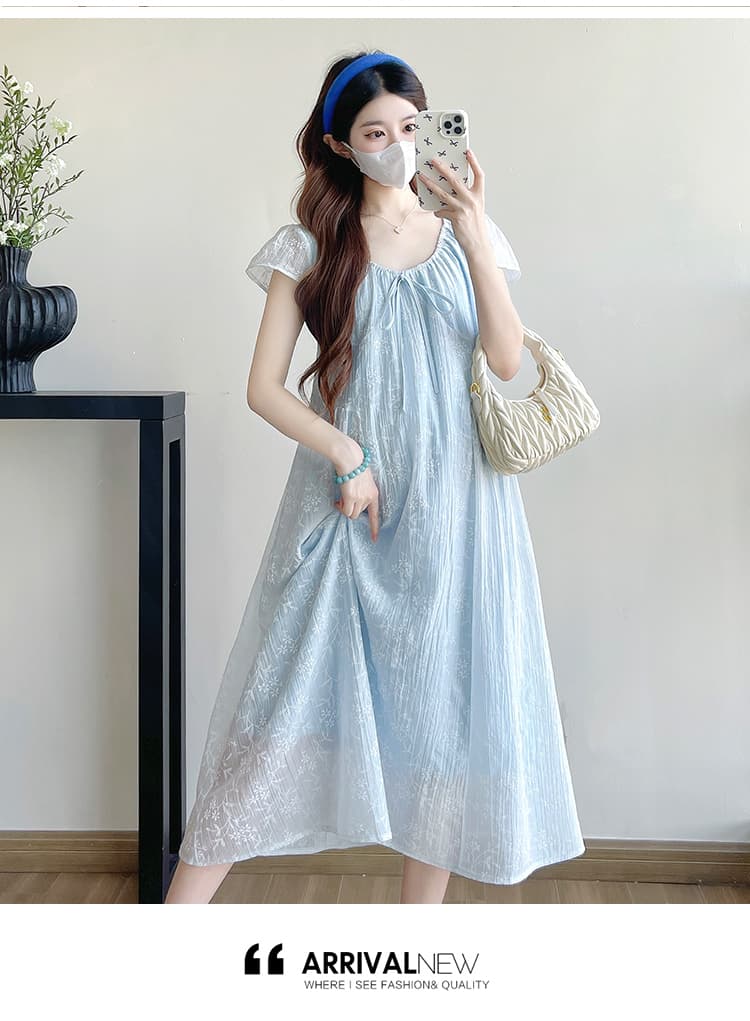 2026 여름 새로운 출산 착용 낭만주의 캐주얼 V넥 레이스업 허리 수축 롱 스커트 루즈핏 임산부 드레스 상세 이미지 10