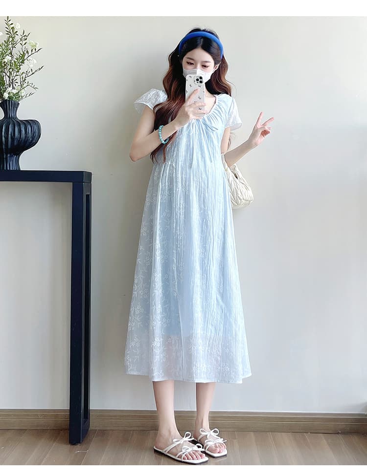 2026 여름 새로운 출산 착용 낭만주의 캐주얼 V넥 레이스업 허리 수축 롱 스커트 루즈핏 임산부 드레스 상세 이미지 14