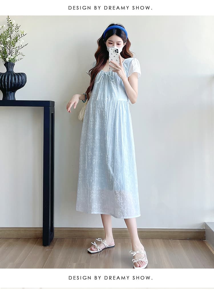 2026 여름 새로운 출산 착용 낭만주의 캐주얼 V넥 레이스업 허리 수축 롱 스커트 루즈핏 임산부 드레스 상세 이미지 15