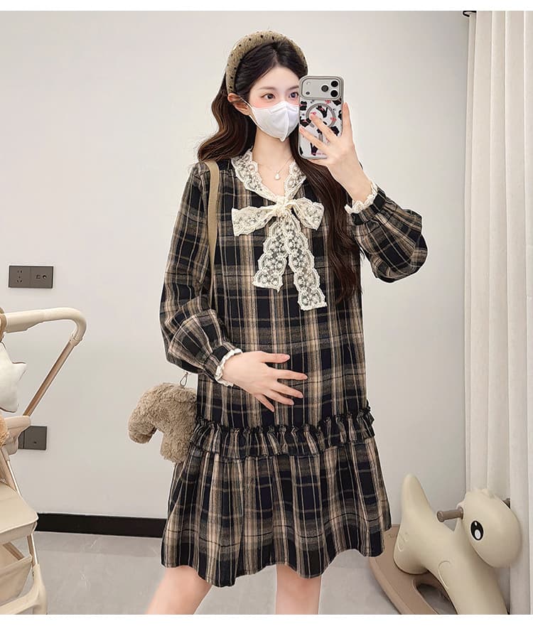 2026 새로운 봄 가을 출산 착용 한 부서 루즈핏 레이스 조각 체크무늬 임산부 드레스 상세 이미지 12