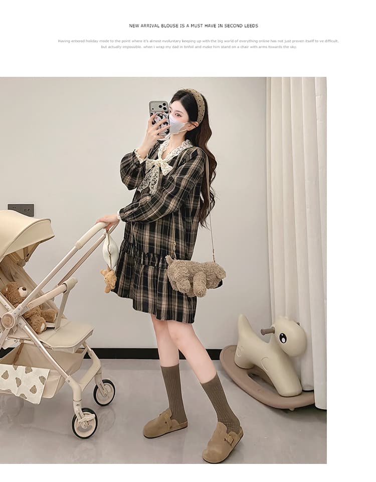 2026 새로운 봄 가을 출산 착용 한 부서 루즈핏 레이스 조각 체크무늬 임산부 드레스 상세 이미지 13