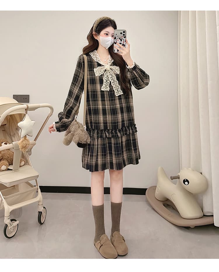 2026 새로운 봄 가을 출산 착용 한 부서 루즈핏 레이스 조각 체크무늬 임산부 드레스 상세 이미지 18