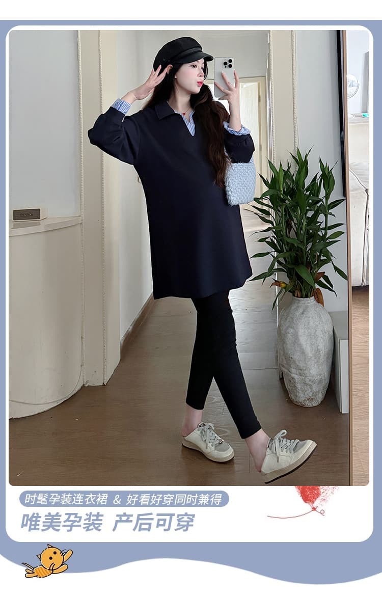 실사 새로운 2026 봄 가을 다용도 페이크 레이어드 패치워크 색상 후드티 드레스 레깅스 임산부 세트 상세 이미지 4