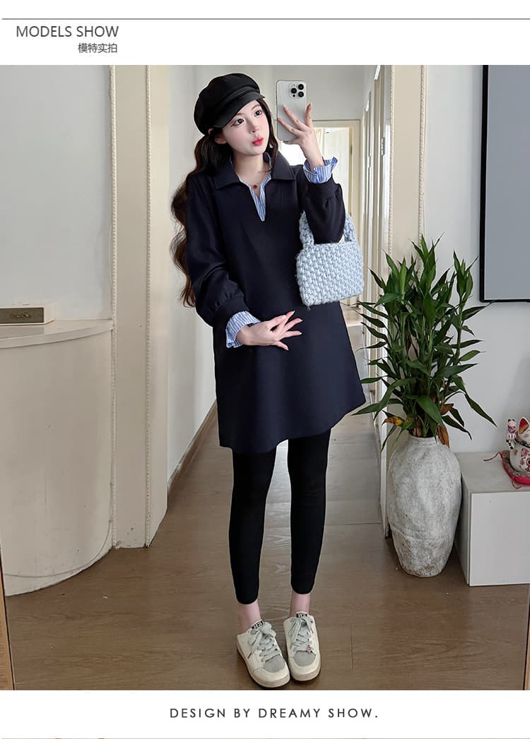 실사 새로운 2026 봄 가을 다용도 페이크 레이어드 패치워크 색상 후드티 드레스 레깅스 임산부 세트 상세 이미지 11