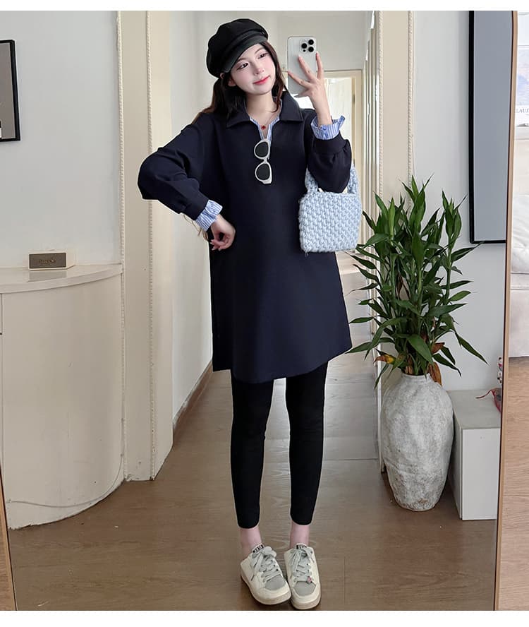실사 새로운 2026 봄 가을 다용도 페이크 레이어드 패치워크 색상 후드티 드레스 레깅스 임산부 세트 상세 이미지 13