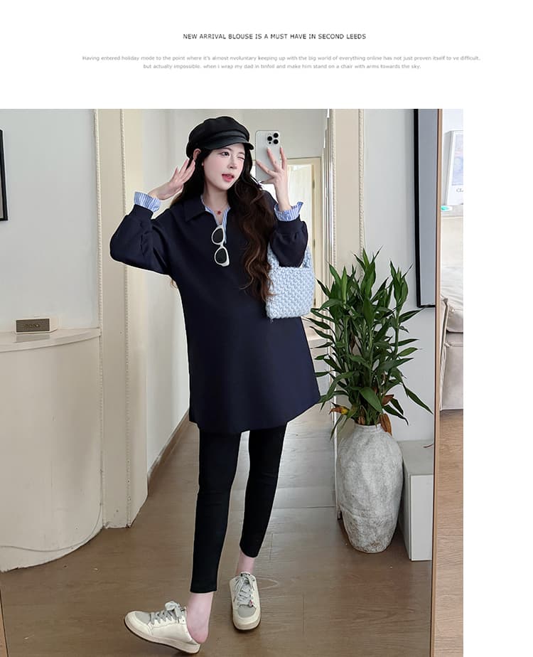 실사 새로운 2026 봄 가을 다용도 페이크 레이어드 패치워크 색상 후드티 드레스 레깅스 임산부 세트 상세 이미지 14