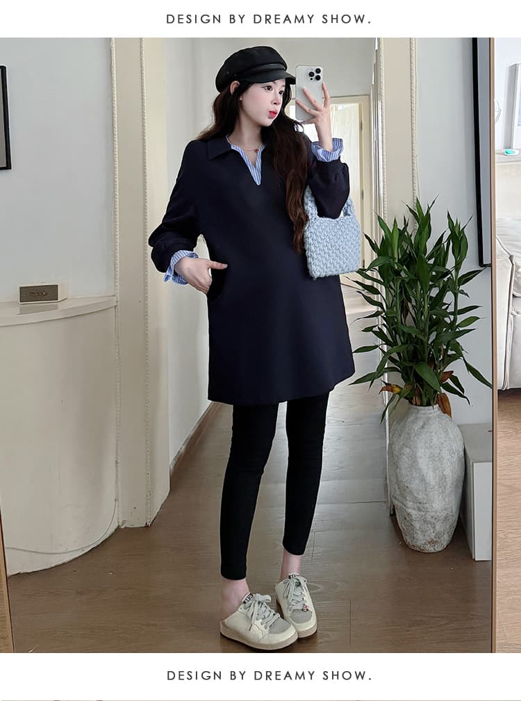 실사 새로운 2026 봄 가을 다용도 페이크 레이어드 패치워크 색상 후드티 드레스 레깅스 임산부 세트 상세 이미지 17
