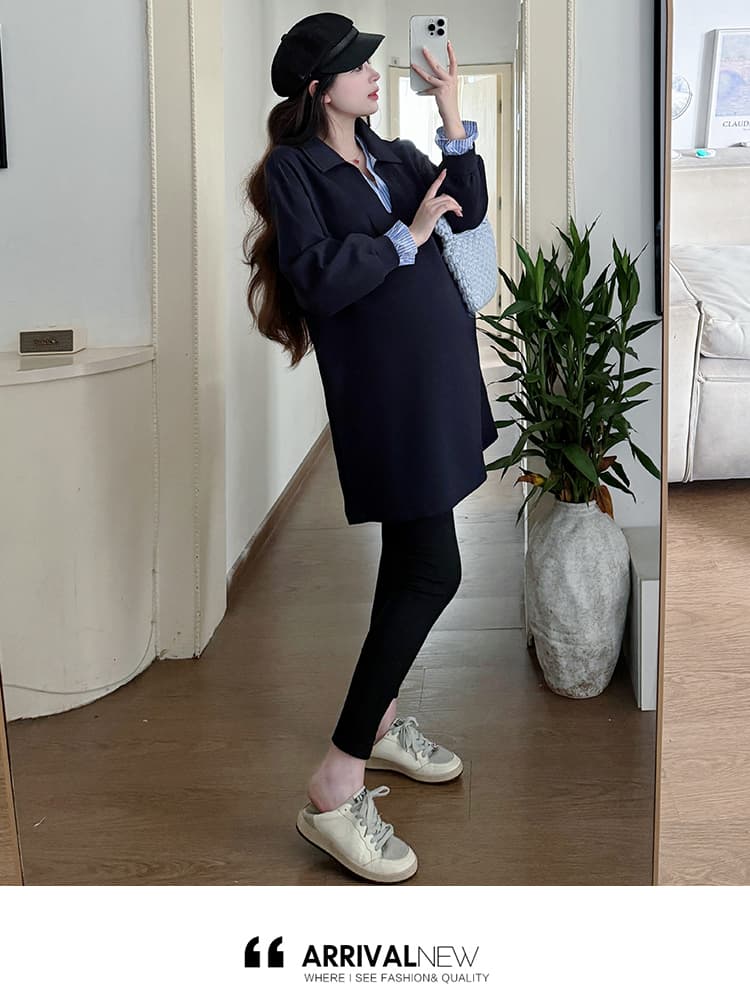실사 새로운 2026 봄 가을 다용도 페이크 레이어드 패치워크 색상 후드티 드레스 레깅스 임산부 세트 상세 이미지 18