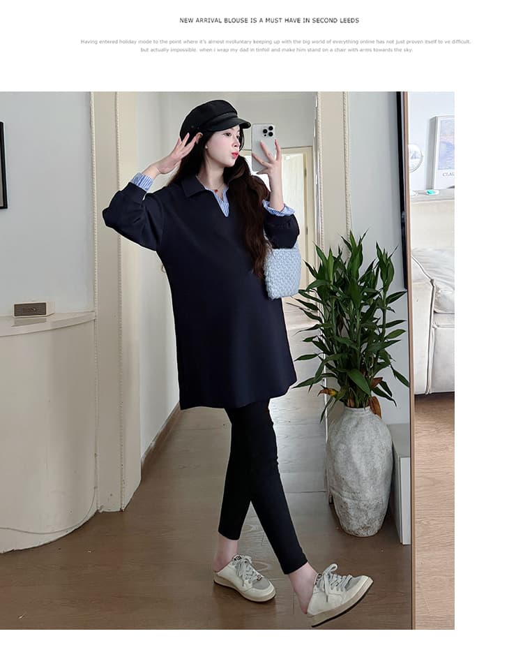 실사 새로운 2026 봄 가을 다용도 페이크 레이어드 패치워크 색상 후드티 드레스 레깅스 임산부 세트 상세 이미지 20