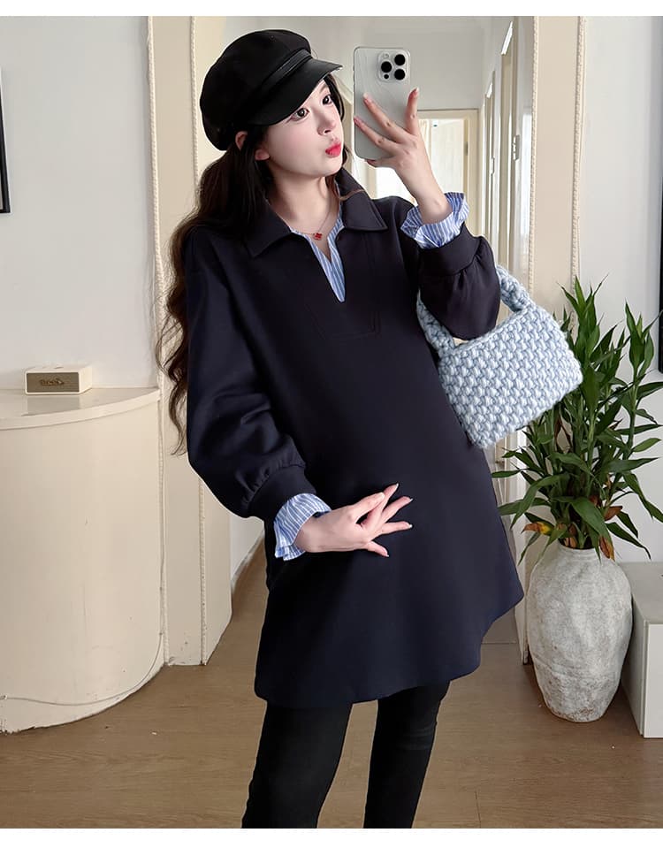실사 새로운 2026 봄 가을 다용도 페이크 레이어드 패치워크 색상 후드티 드레스 레깅스 임산부 세트 상세 이미지 22