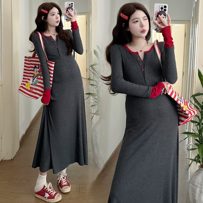 새로운 2026 임산부 봄 가을 한국 스타일 품격 패치워크 슬림해 보이는 매운맛 엄마 겨울 다용도 임산부 드레스 이미지 4