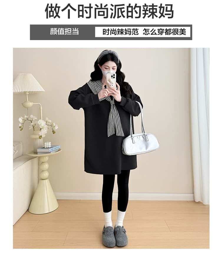실사 2026 봄 가을 새로운 출산 착용 프랑스식 루즈핏 긴팔 스트라이프 패치워크 대 핏 스타일 후드티 드레스 상세 이미지 2
