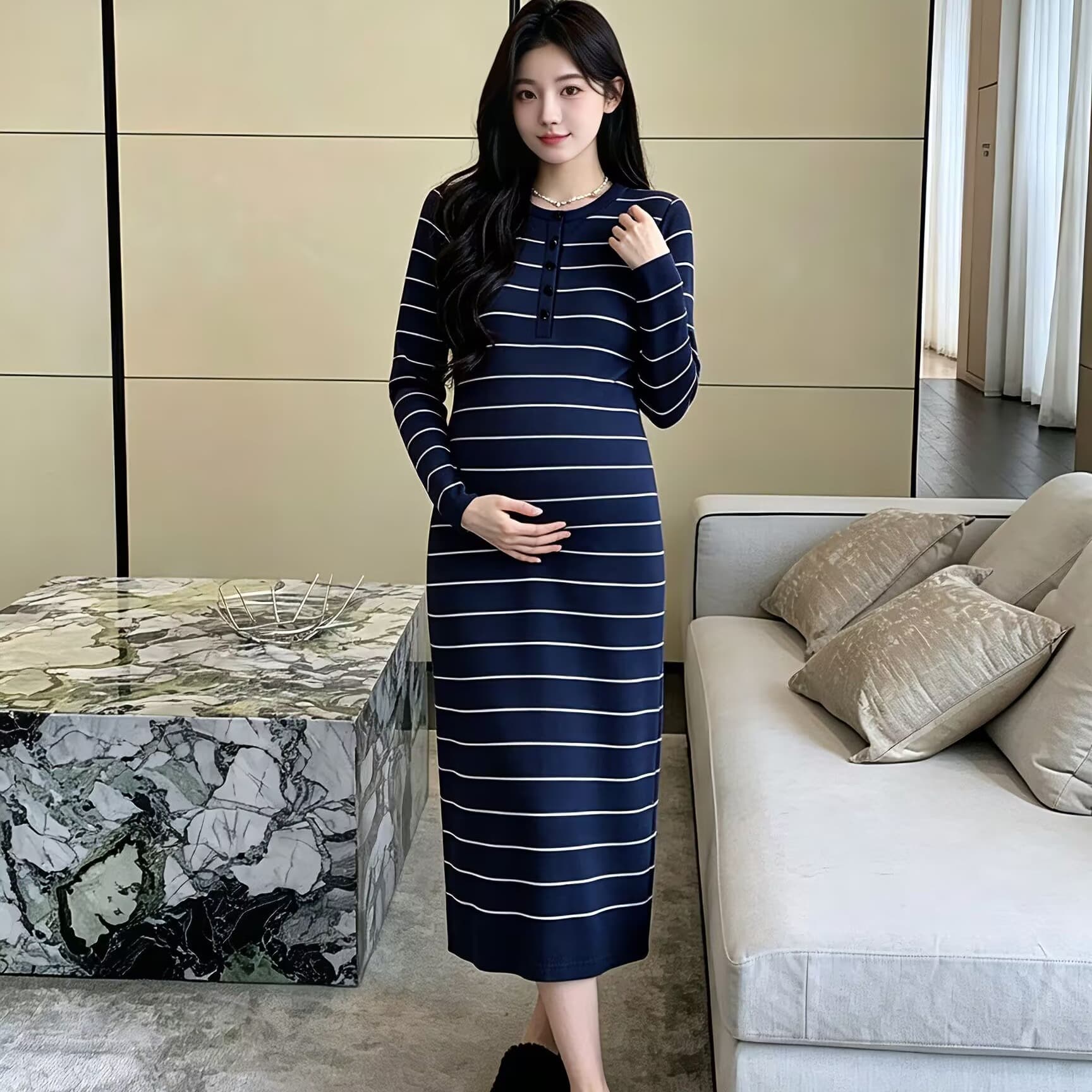 2026 가을 겨울철 신제품 몸매 가꾸기 스트라이프 니트 캐주얼 다용도 임산부 니트 드레스 이미지 5