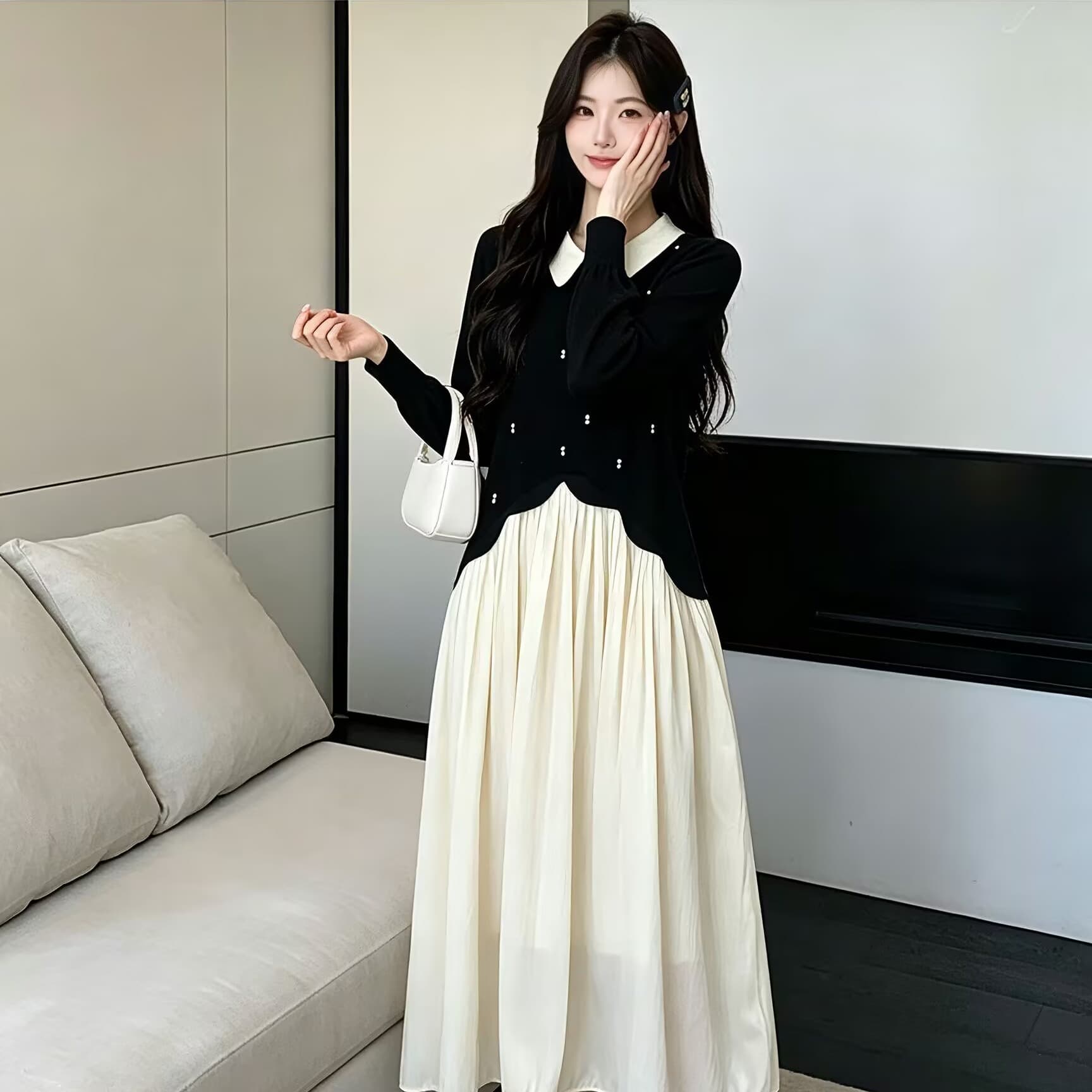 새로운 2026 가을 겨울 프랑스식 품격 페이크 레이어드 다용도 니트 여성 드레스 고급 센스 슬림해 보이는 출산 스커트 이미지 5