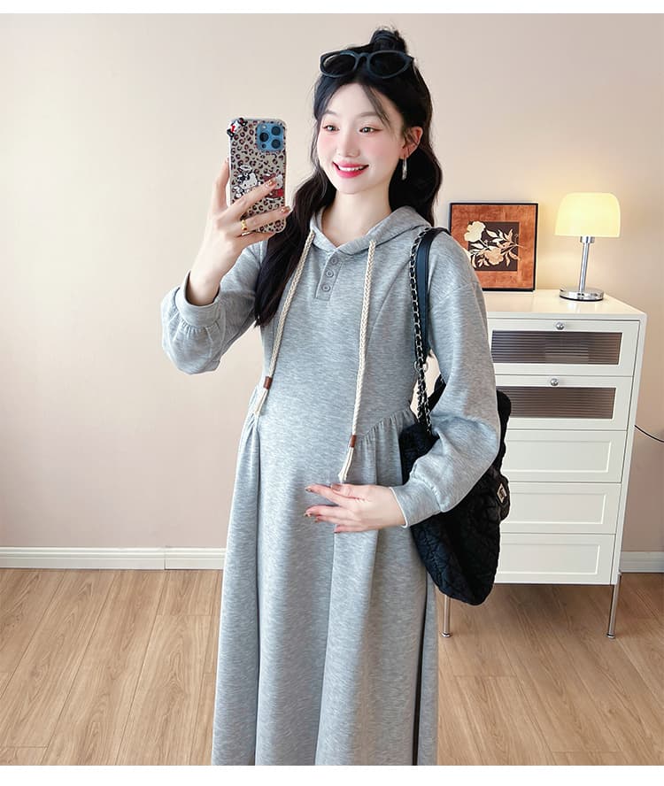 2026 새로운 가을 겨울 레트로 캐주얼 후드 드레스 가을 배 모양 몸 후드티 드레스 임산부 드레스 상세 이미지 11