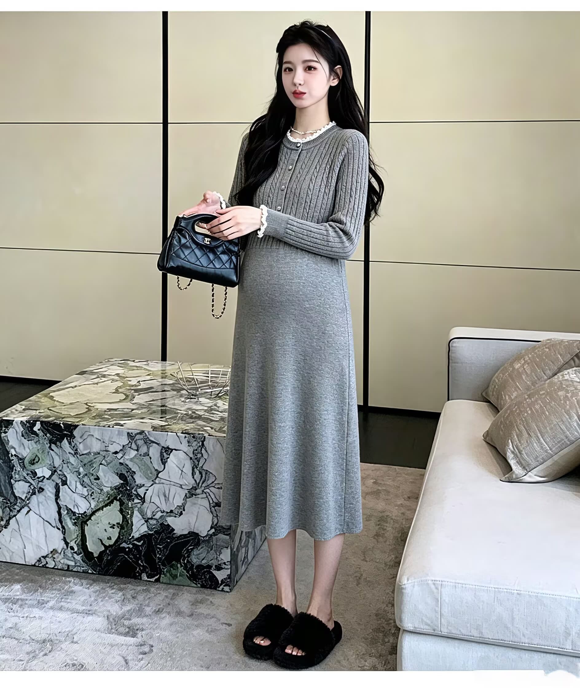 새로운 2026 가을 겨울 품격 여성 드레스 고급 센스 캐주얼 슬림해 보이는 다용도 부드러운 찹쌀 니트 출산 스커트 상세 이미지 7