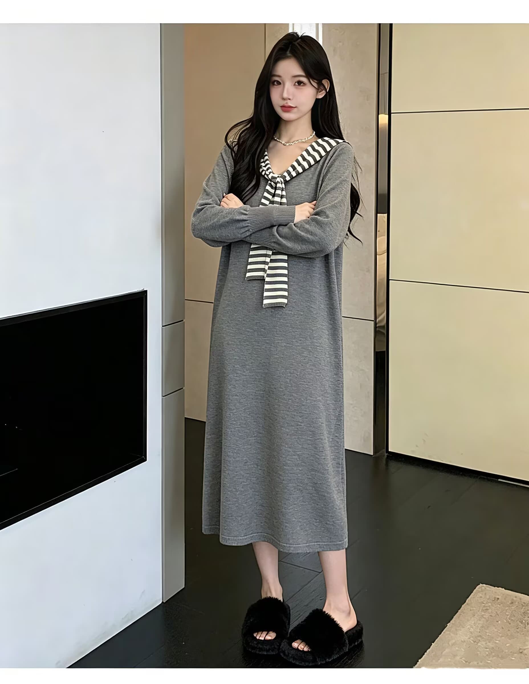 2026 가을 겨울 새로운 프랑스식 품격 페이크 레이어드 니트 여성 드레스 고급 센스 슬림해 보이는 다용도 출산 스커트 상세 이미지 15