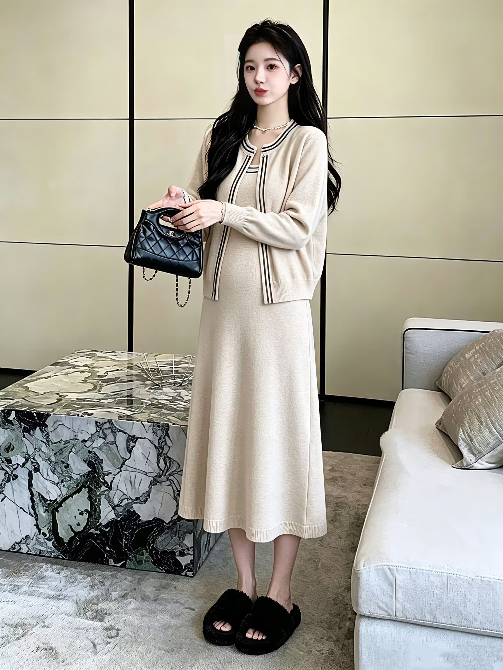 2026 가을 겨울 새로운 품격 스웨터 코트 슬립 드레스 부드러운 바람 슬림해 보이는 다용도 부드러운 찹쌀 니트 출산 스커트 상세 이미지 2