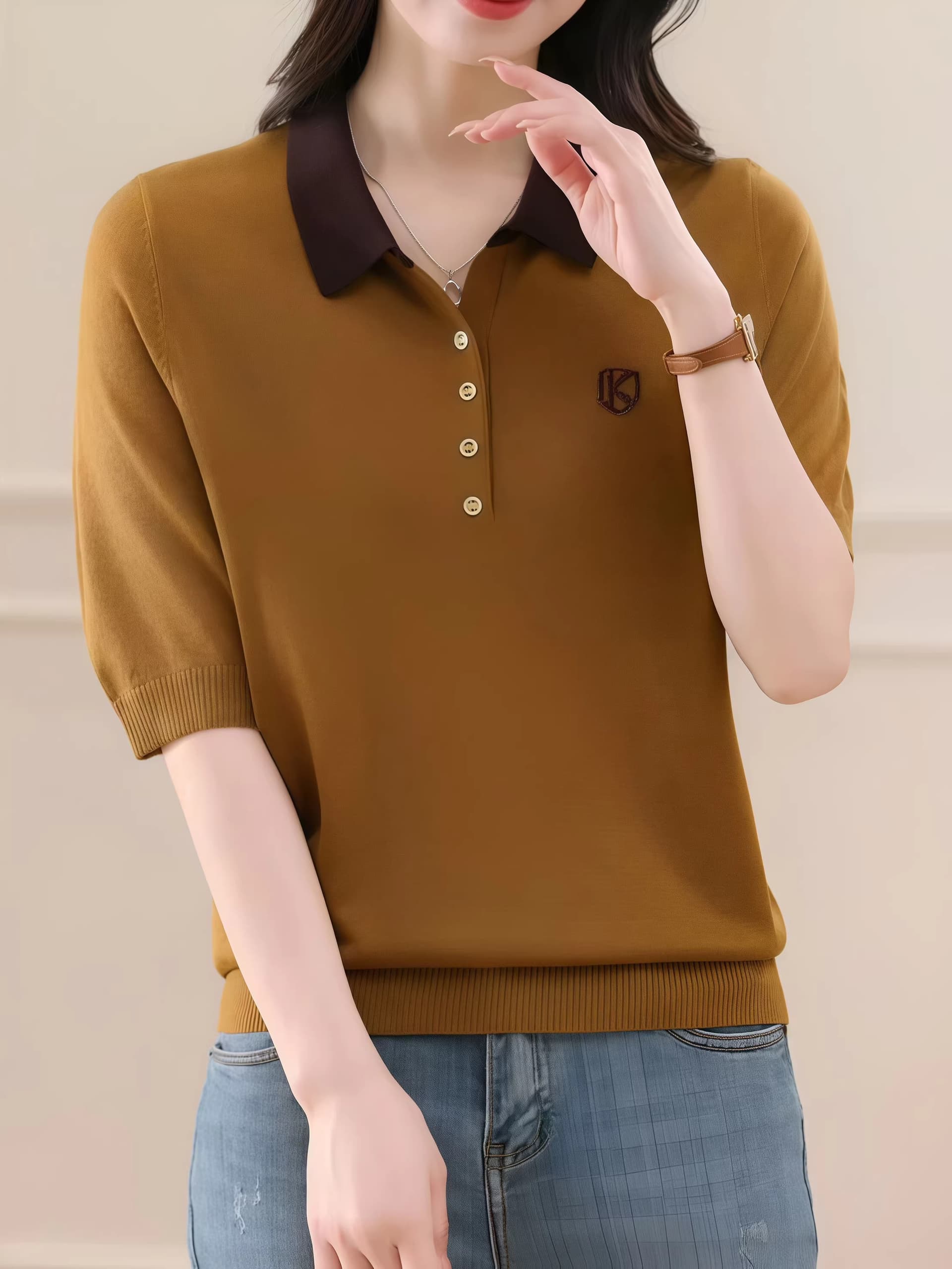 프라임 주문 여성 의류 오리지널 브랜드 플래그십 스토어 다용도 패션 폴로 칼라 반팔 니트 스웨터 캐주얼 바지 투피스 세트 봄 이미지 4