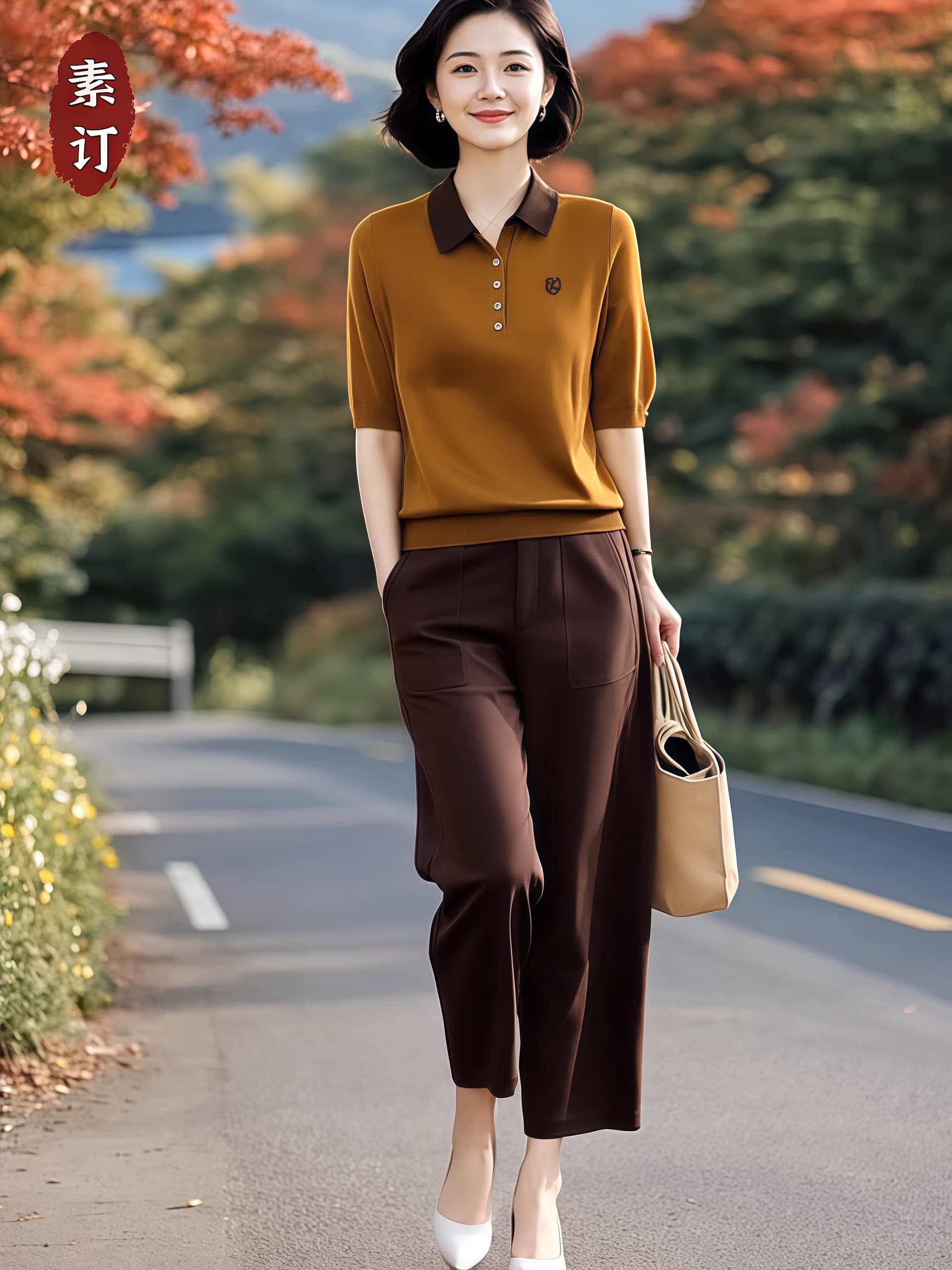 프라임 주문 여성 의류 오리지널 브랜드 플래그십 스토어 다용도 패션 폴로 칼라 반팔 니트 스웨터 캐주얼 바지 투피스 세트 봄 이미지 3