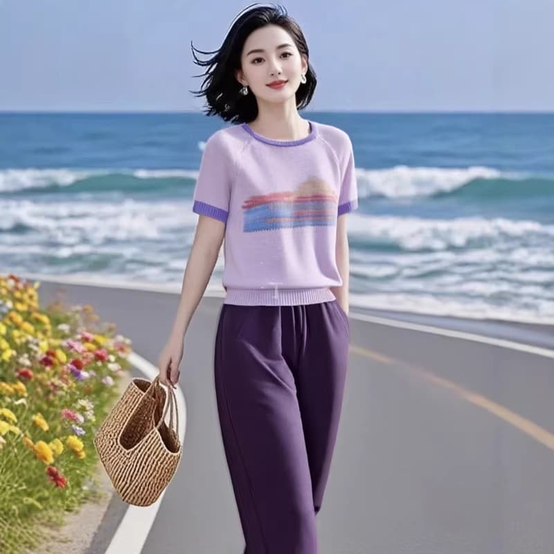 우아한 오리지널 브랜드 여성 가게 새로운 외국 가스 연령 감소 얼음 실크 자카드 니트 스웨터 허리밴드 캐주얼 바지 세트 이미지 3