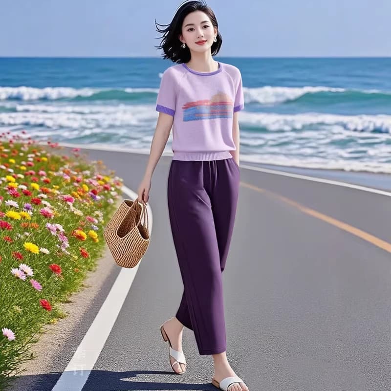우아한 오리지널 브랜드 여성 가게 새로운 외국 가스 연령 감소 얼음 실크 자카드 니트 스웨터 허리밴드 캐주얼 바지 세트 이미지 4