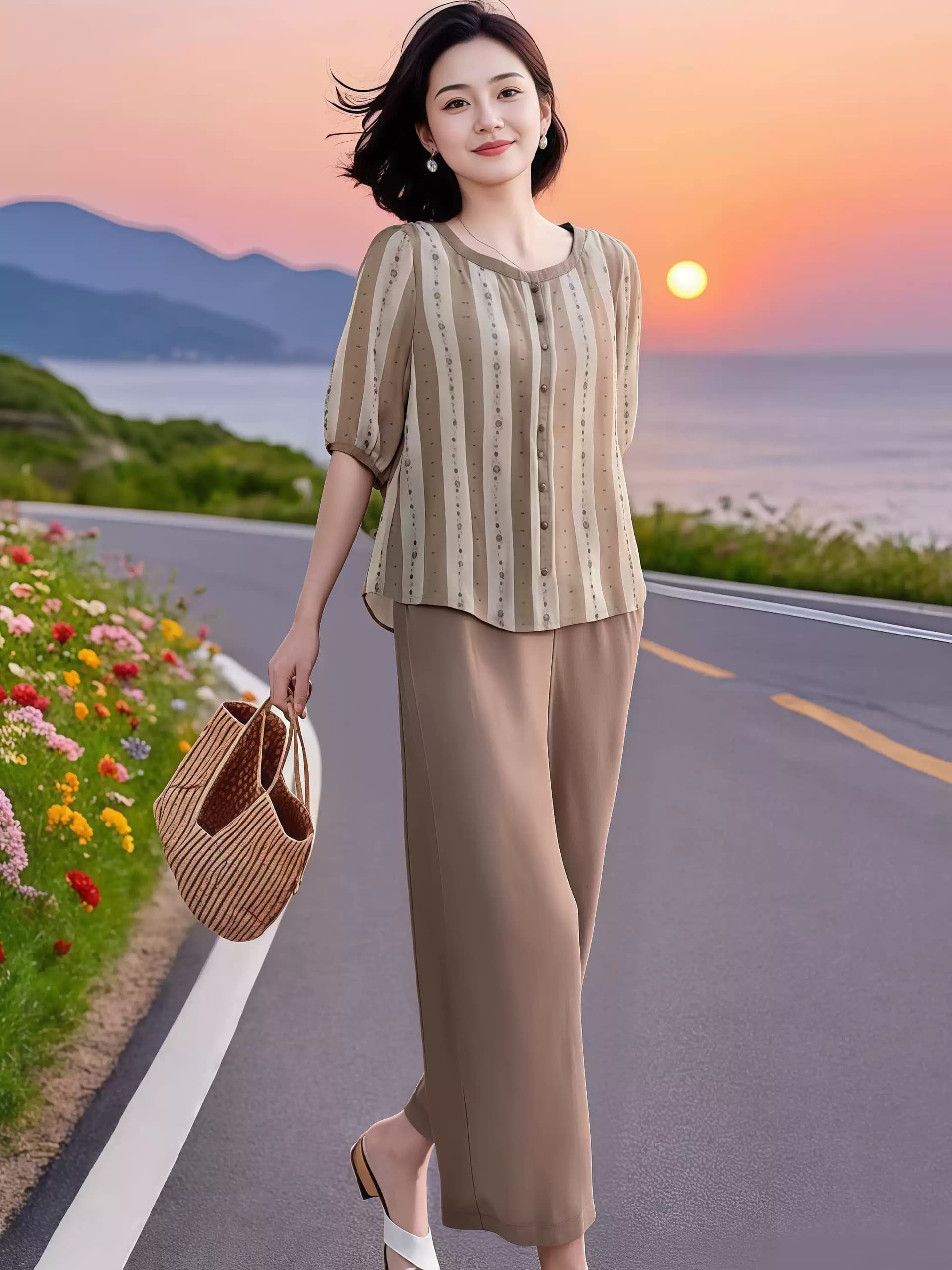 프라임 주문 여성 의류 오리지널 브랜드 플래그십 스토어 패션 연령 감소 프린트 맨위 허리밴드 스트레이트 팬츠 투피스 세트 이미지 2