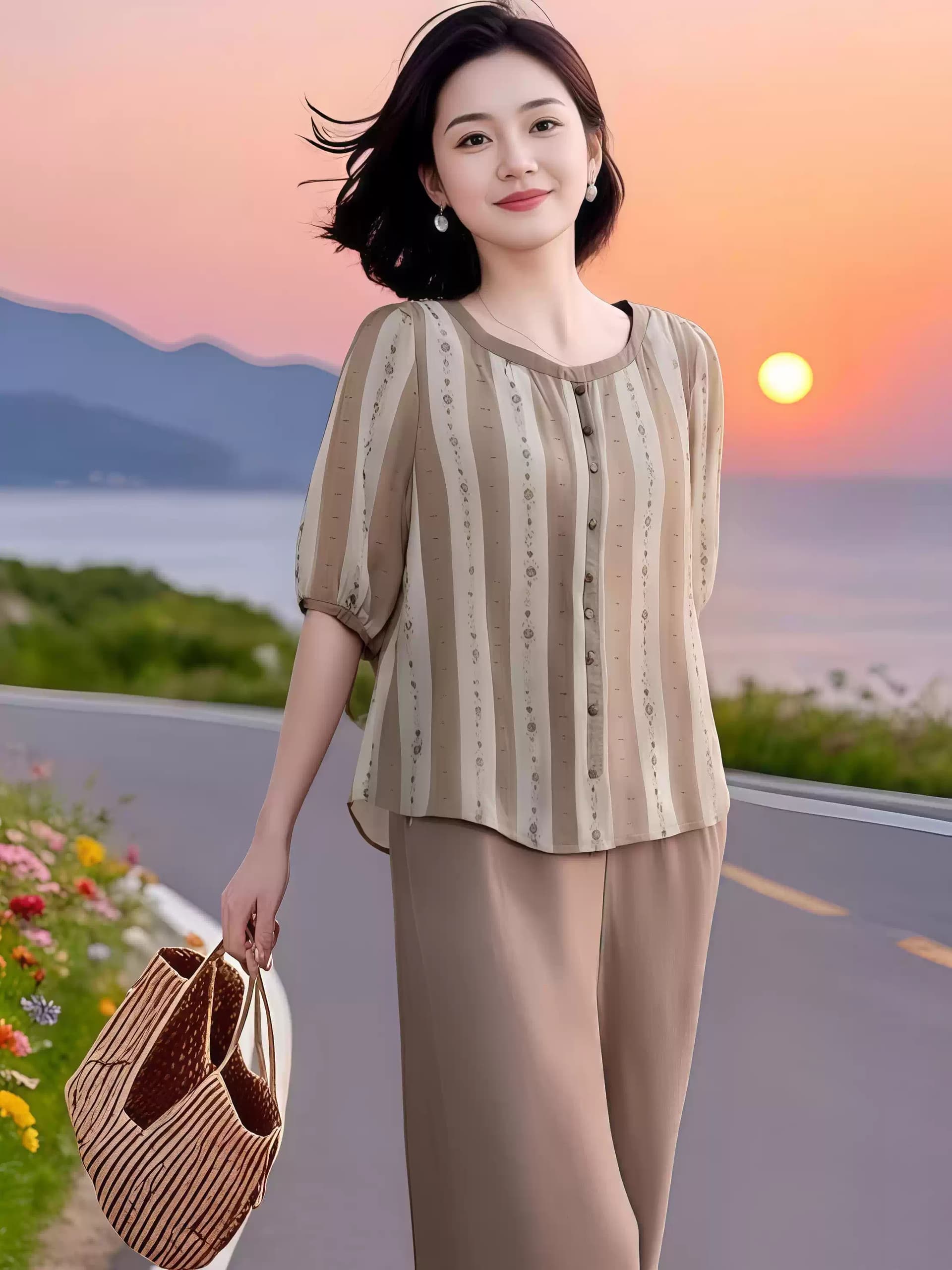 프라임 주문 여성 의류 오리지널 브랜드 플래그십 스토어 패션 연령 감소 프린트 맨위 허리밴드 스트레이트 팬츠 투피스 세트 이미지 4