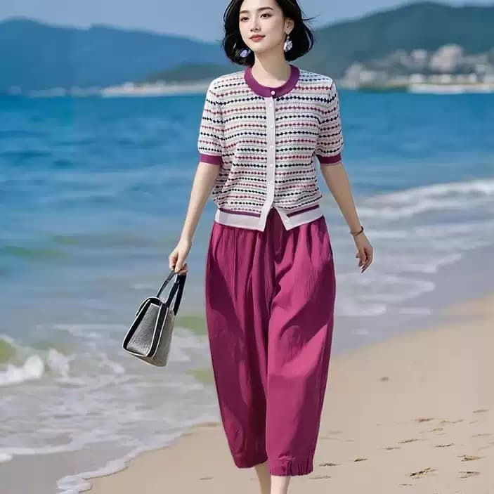 우아한 맞춤 오리지널 브랜드 기함 지성 아름다움 라스베리 색상 얼음 실크 니트 스웨터 허리밴드 하렘 바지 세트 상세 이미지 1