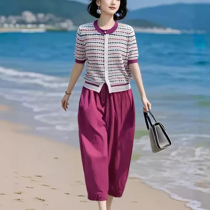 우아한 맞춤 오리지널 브랜드 기함 지성 아름다움 라스베리 색상 얼음 실크 니트 스웨터 허리밴드 하렘 바지 세트 상세 이미지 3