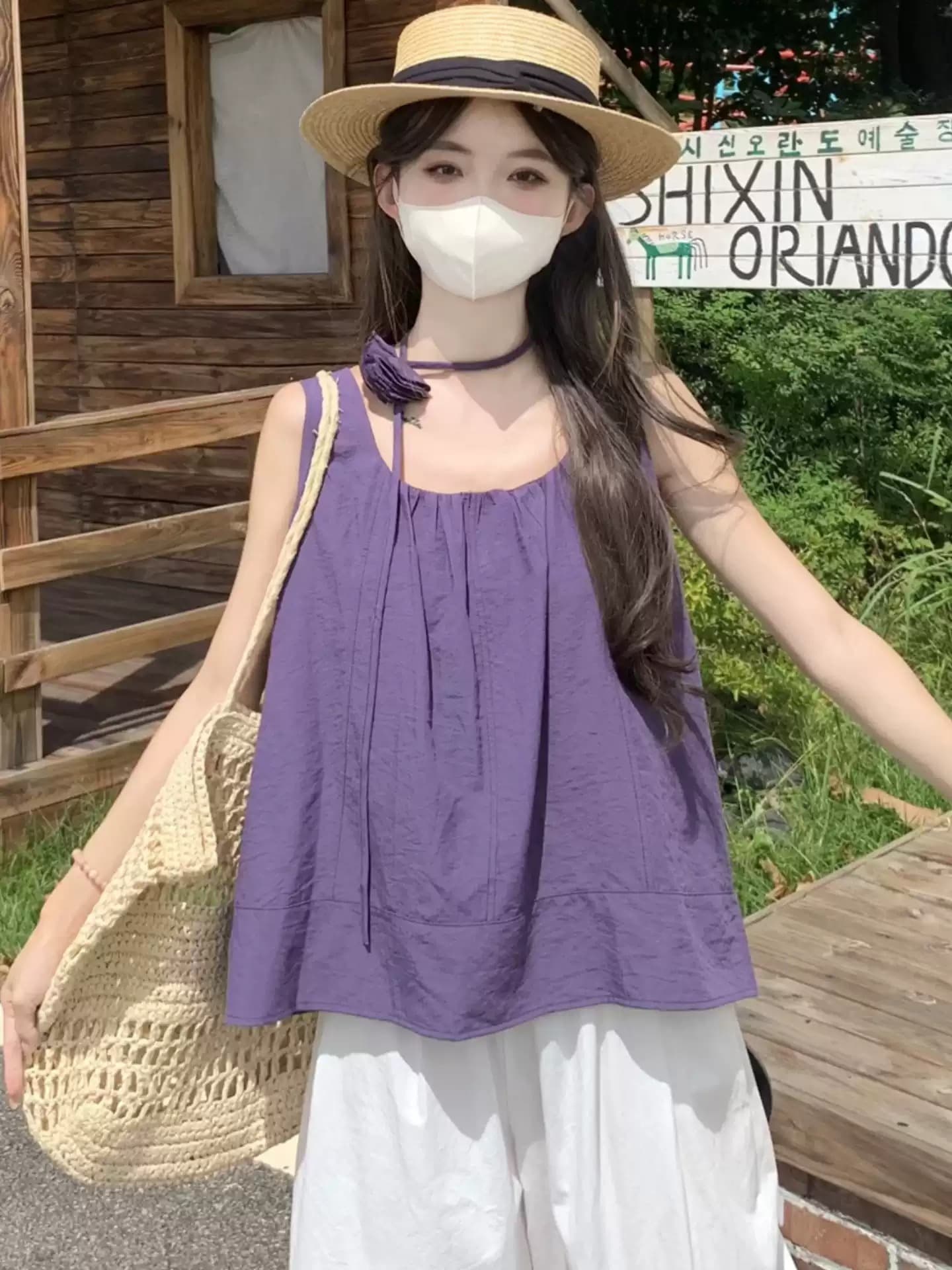 보라색 3 차원 꽃 리본 조끼 맨위 여성 이른 가을 새로운 품격 연령 감소 다용도 인형 셔츠 아름다운 세트 이미지 2