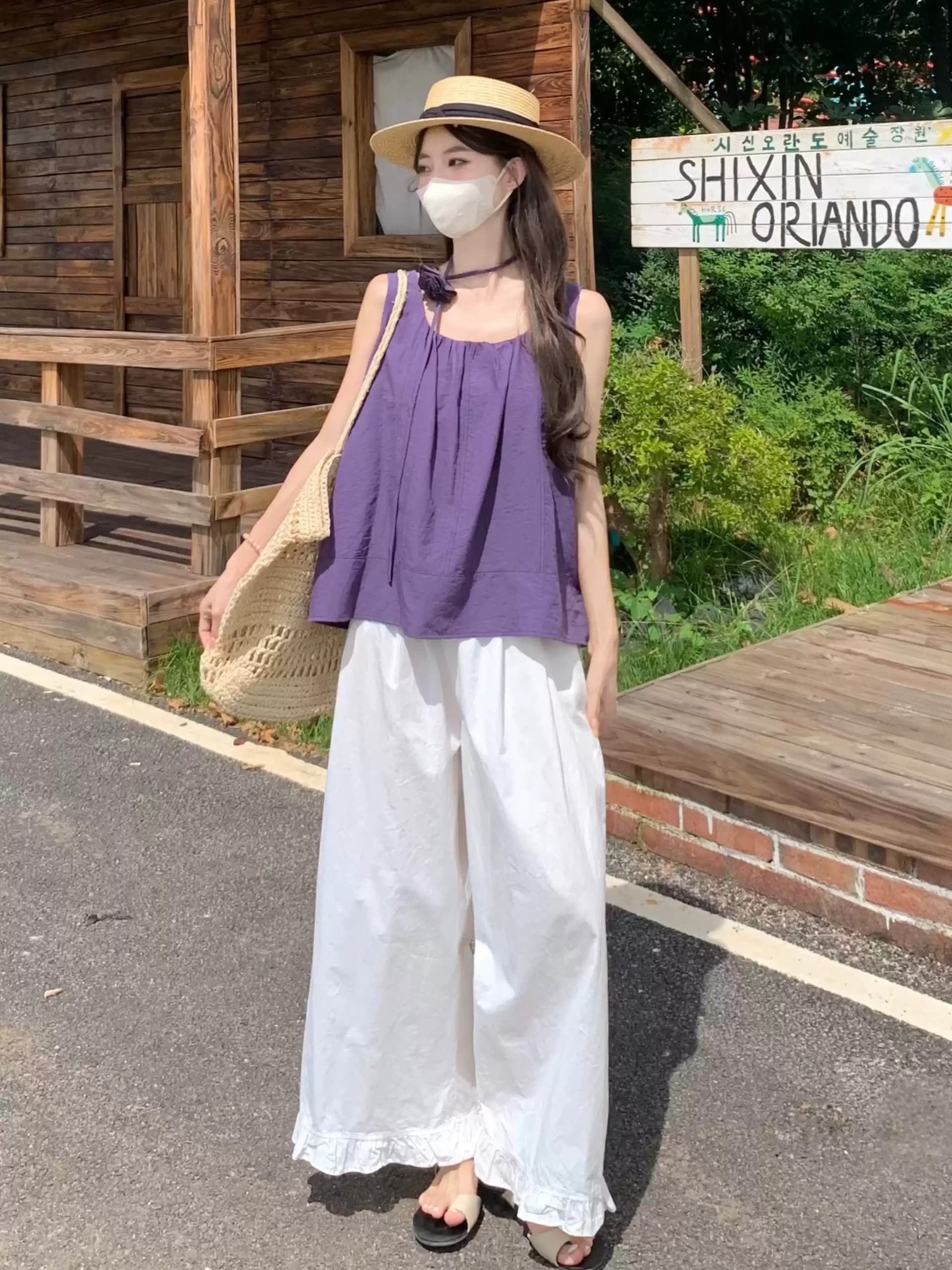 보라색 3 차원 꽃 리본 조끼 맨위 여성 이른 가을 새로운 품격 연령 감소 다용도 인형 셔츠 아름다운 세트 상세 이미지 5