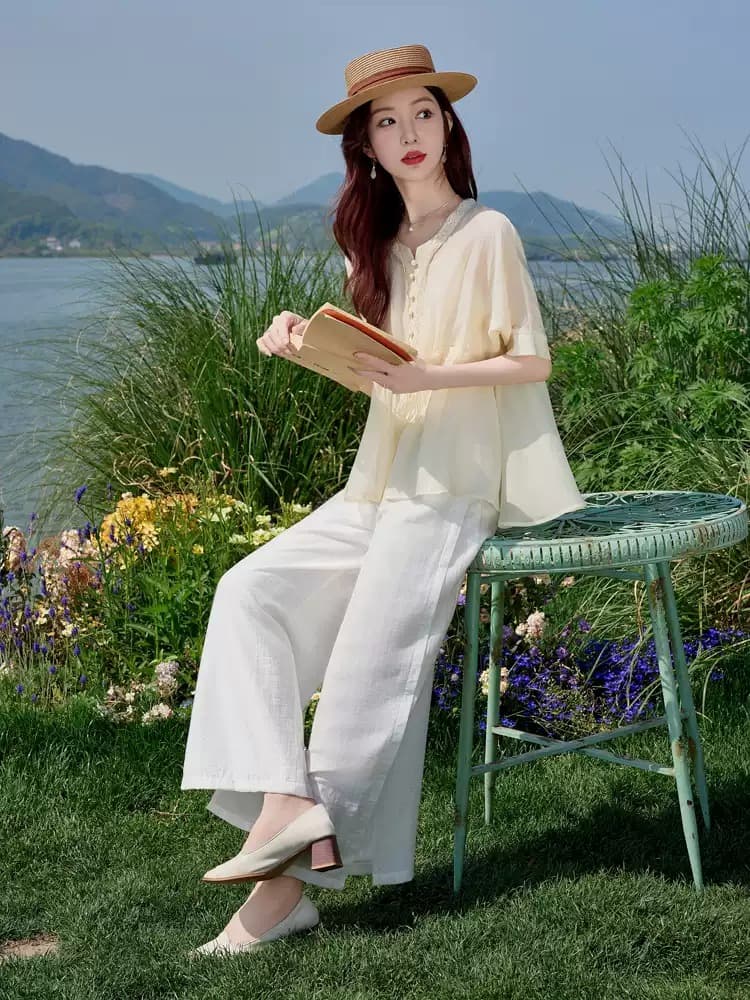 패션 세트 여성 2026 여름 새로운 한국 스타일 표지 배 작은 셔츠 슬립 와이드 레그 팬츠 3종 세트 착용 가져 가라. 전체 집합 이미지 4