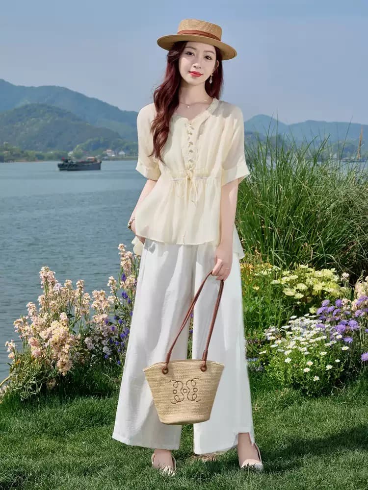 패션 세트 여성 2026 여름 새로운 한국 스타일 표지 배 작은 셔츠 슬립 와이드 레그 팬츠 3종 세트 착용 가져 가라. 전체 집합 상세 이미지 1