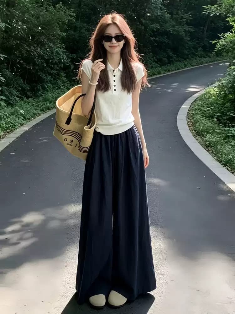 빛 사람들 높음 지혜 센스 한 부서 착용 가져 가라. 전체 집합 느긋한 캐주얼 POLO 칼라 반팔 와이드 레그 팬츠 어린이 투피스 슈트 여성 이미지 3