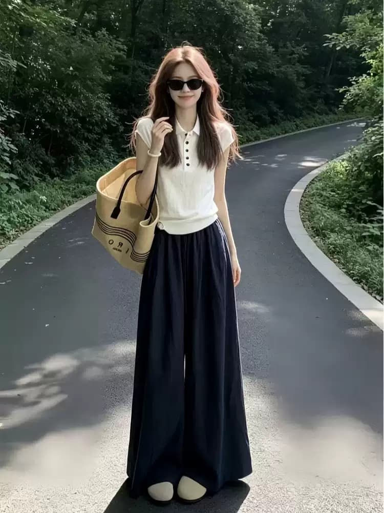 빛 사람들 높음 지혜 센스 한 부서 착용 가져 가라. 전체 집합 느긋한 캐주얼 POLO 칼라 반팔 와이드 레그 팬츠 어린이 투피스 슈트 여성 이미지 2