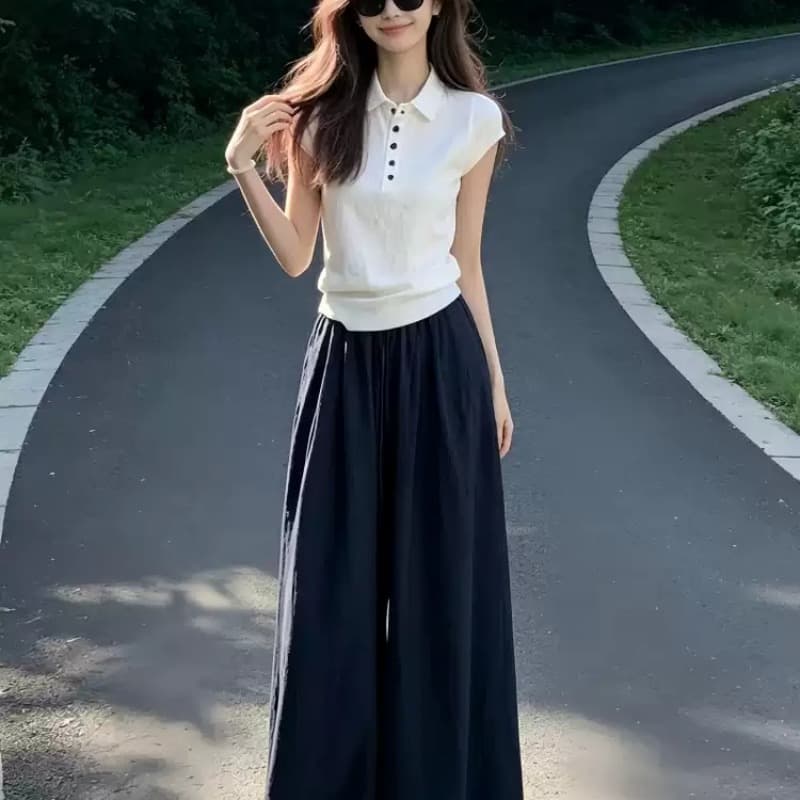 빛 사람들 높음 지혜 센스 한 부서 착용 가져 가라. 전체 집합 느긋한 캐주얼 POLO 칼라 반팔 와이드 레그 팬츠 어린이 투피스 슈트 여성 이미지 5