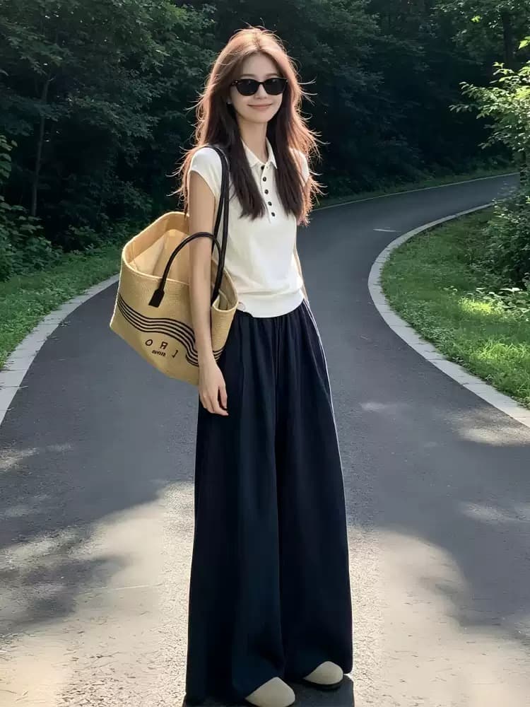 빛 사람들 높음 지혜 센스 한 부서 착용 가져 가라. 전체 집합 느긋한 캐주얼 POLO 칼라 반팔 와이드 레그 팬츠 어린이 투피스 슈트 여성 상세 이미지 3