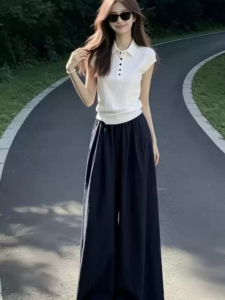 빛 사람들 높음 지혜 센스 한 부서 착용 가져 가라. 전체 집합 느긋한 캐주얼 POLO 칼라 반팔 와이드 레그 팬츠 어린이 투피스 슈트 여성 상세 이미지 5
