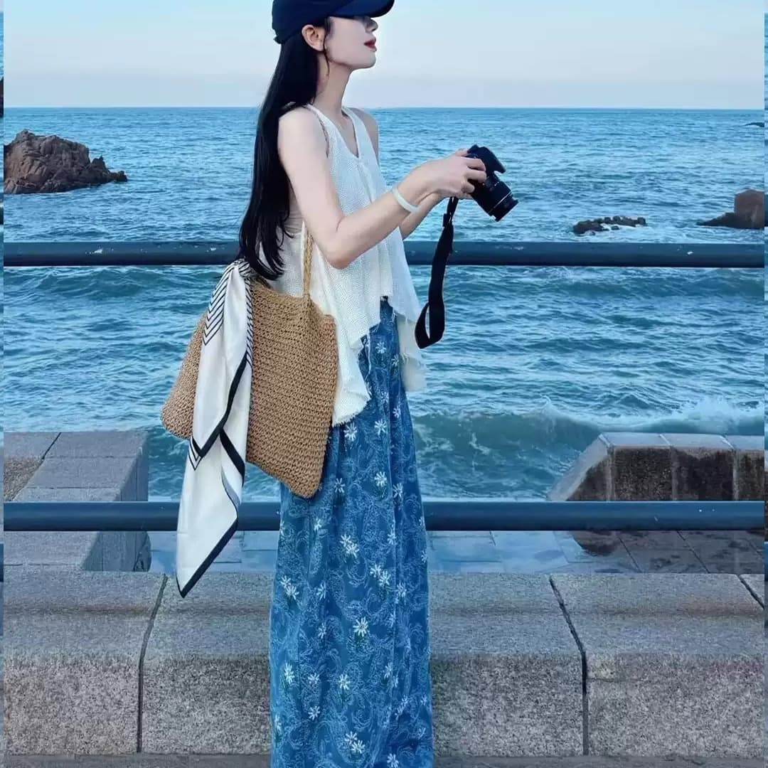 휴가 바람 V넥 불규칙 조끼 꽃무늬 바지 세트 여성 느슨함 센스 도루 센스 와이드 레그 팬츠 캐주얼 투피스 세트 여름 이미지 5