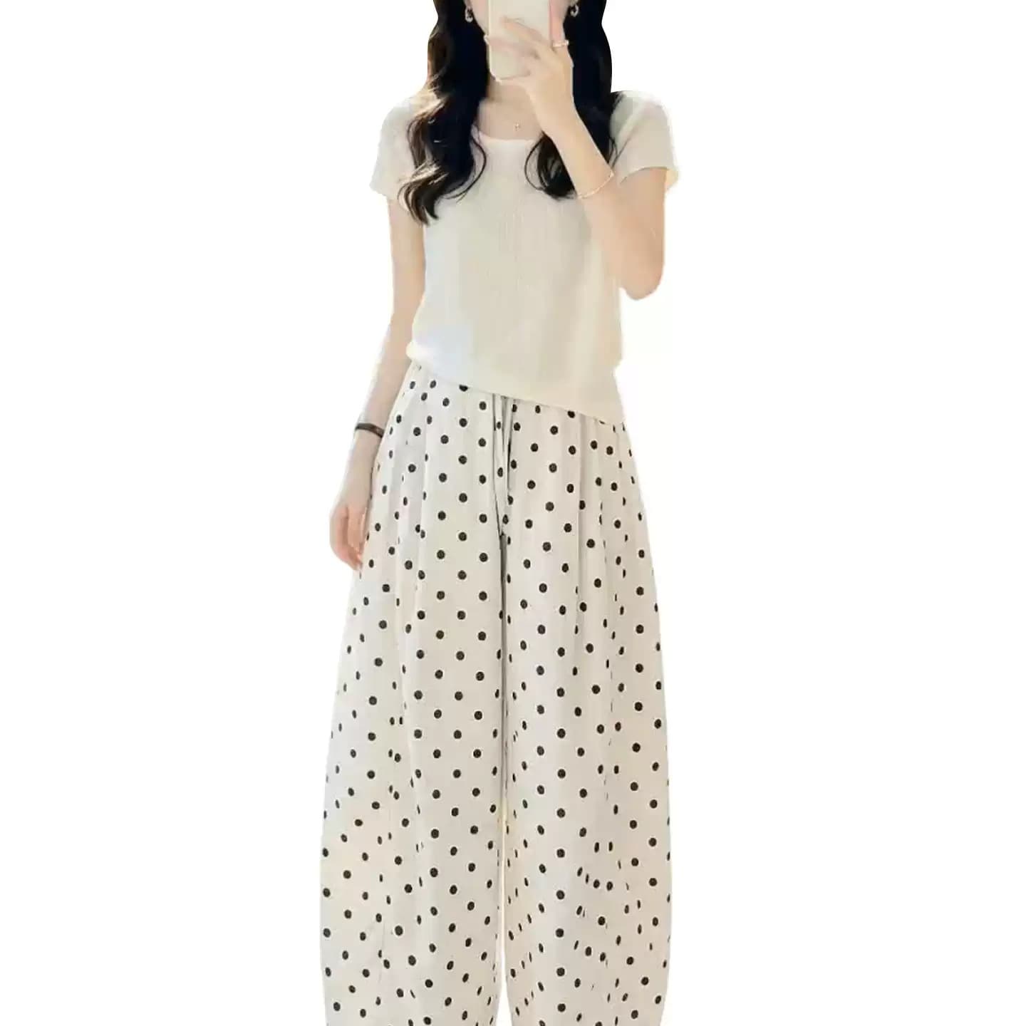 자이언트 잘 생긴 ootd 착용 가져 가라. 전체 집합 2026 새로운 반팔 티셔츠 여성 여름 도트 무늬 와이드 레그 팬츠 투피스 슈트 이미지 5