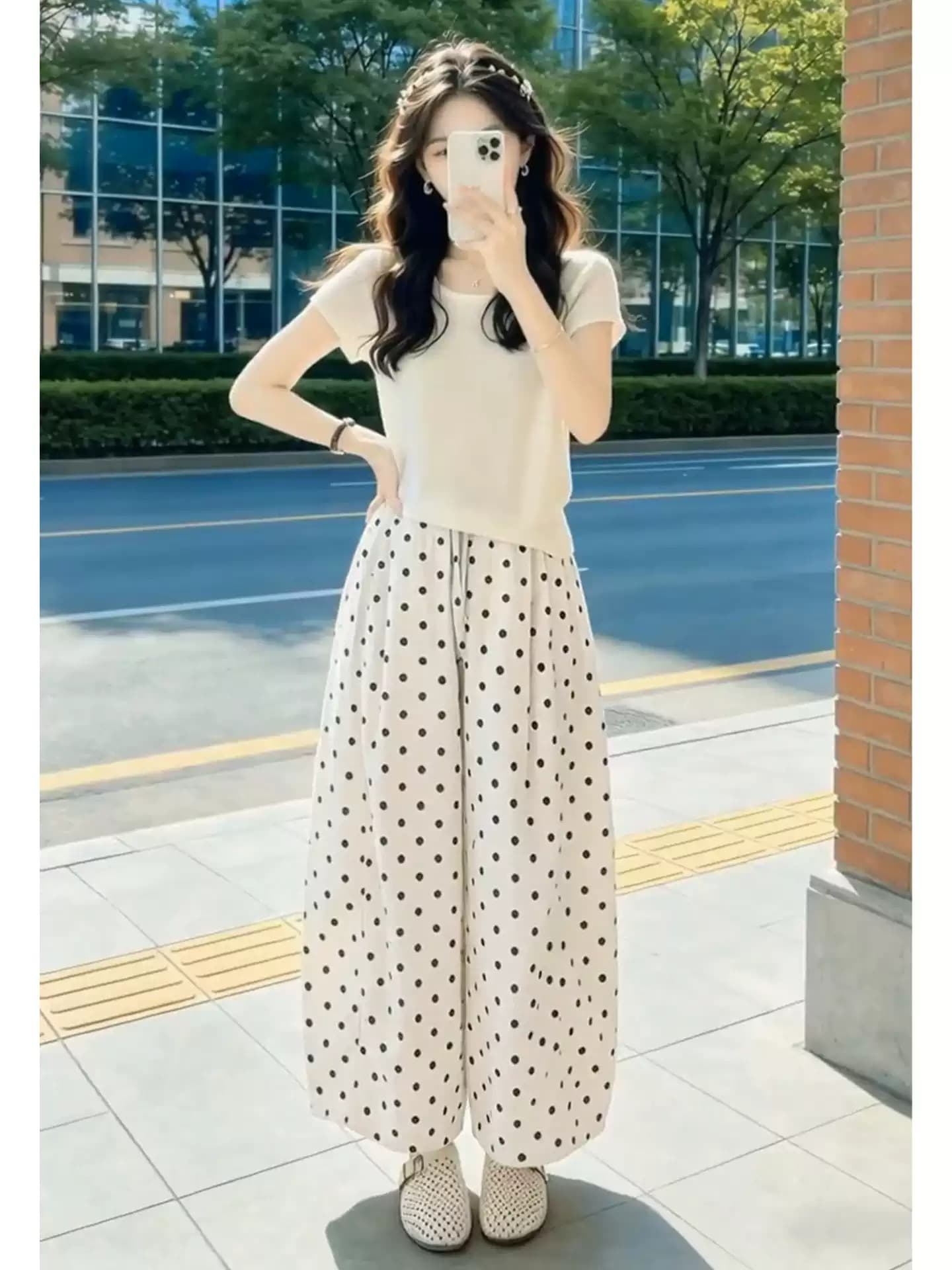자이언트 잘 생긴 ootd 착용 가져 가라. 전체 집합 2026 새로운 반팔 티셔츠 여성 여름 도트 무늬 와이드 레그 팬츠 투피스 슈트 상세 이미지 3