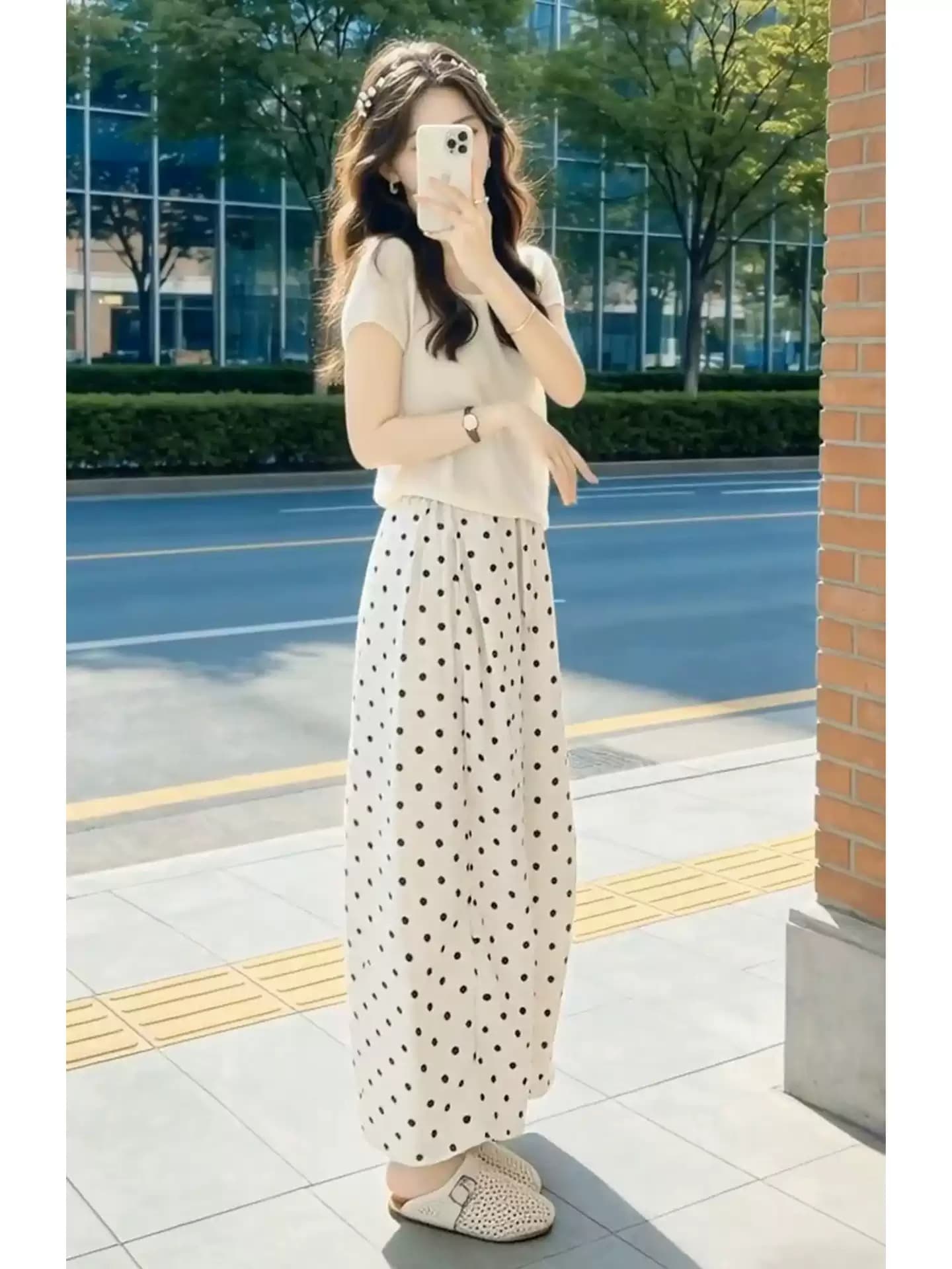 자이언트 잘 생긴 ootd 착용 가져 가라. 전체 집합 2026 새로운 반팔 티셔츠 여성 여름 도트 무늬 와이드 레그 팬츠 투피스 슈트 상세 이미지 4