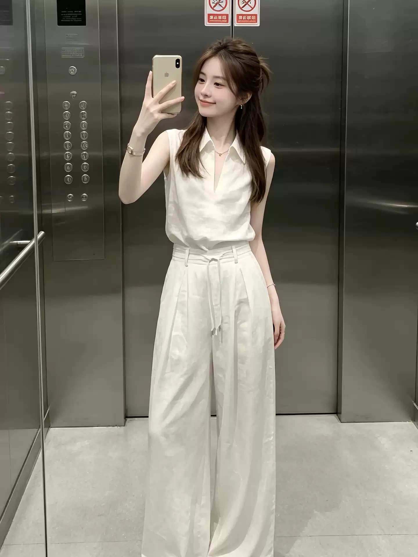 화이트 폴로 칼라 미니멀리즘 다용도 민소매 조끼 여성 셔츠 2026 여름 프랑스식 출퇴근 느슨함 센스 다용도 세트 이미지 2