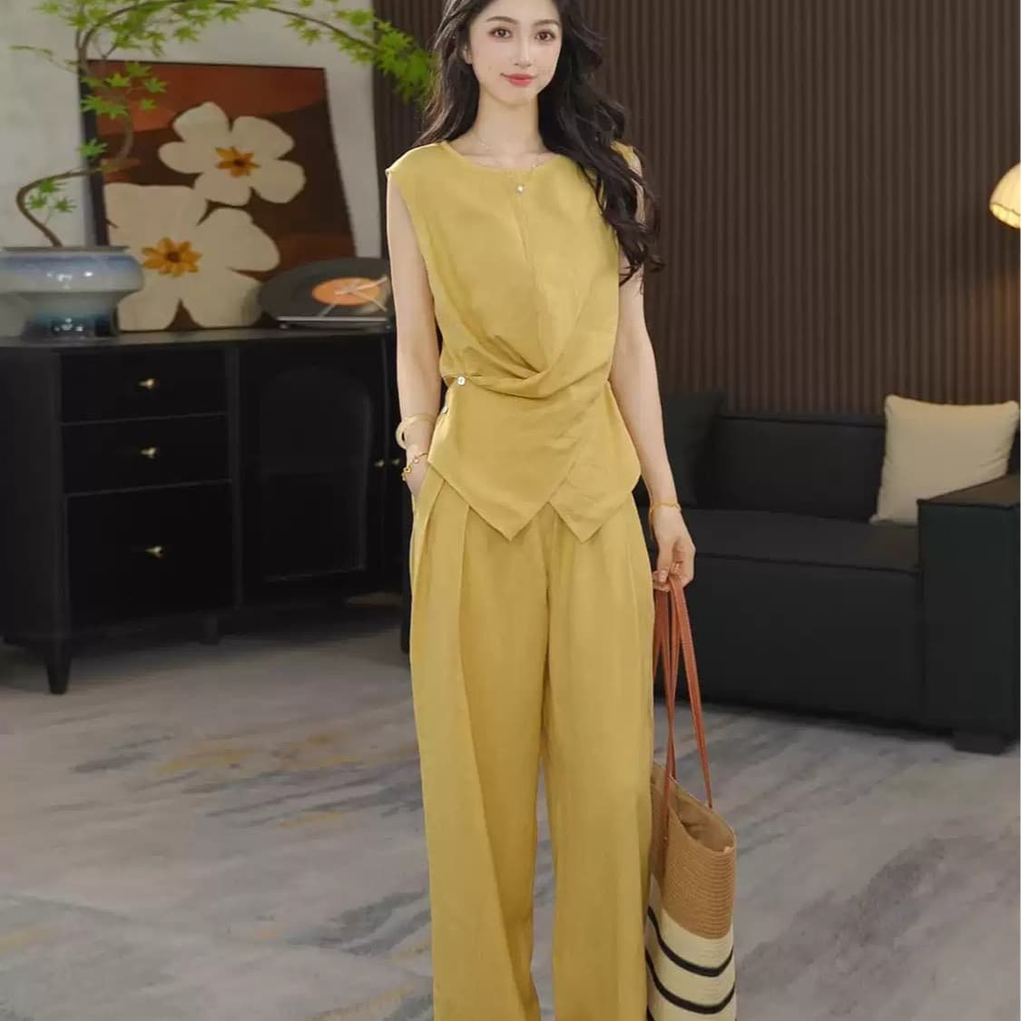2026 새로운 품격 패션 연령 감소 표지 고기 민소매 허리 수축 십자가 맨위 하이웨이스트 와이드 레그 팬츠 세트 투피스 세트 이미지 5