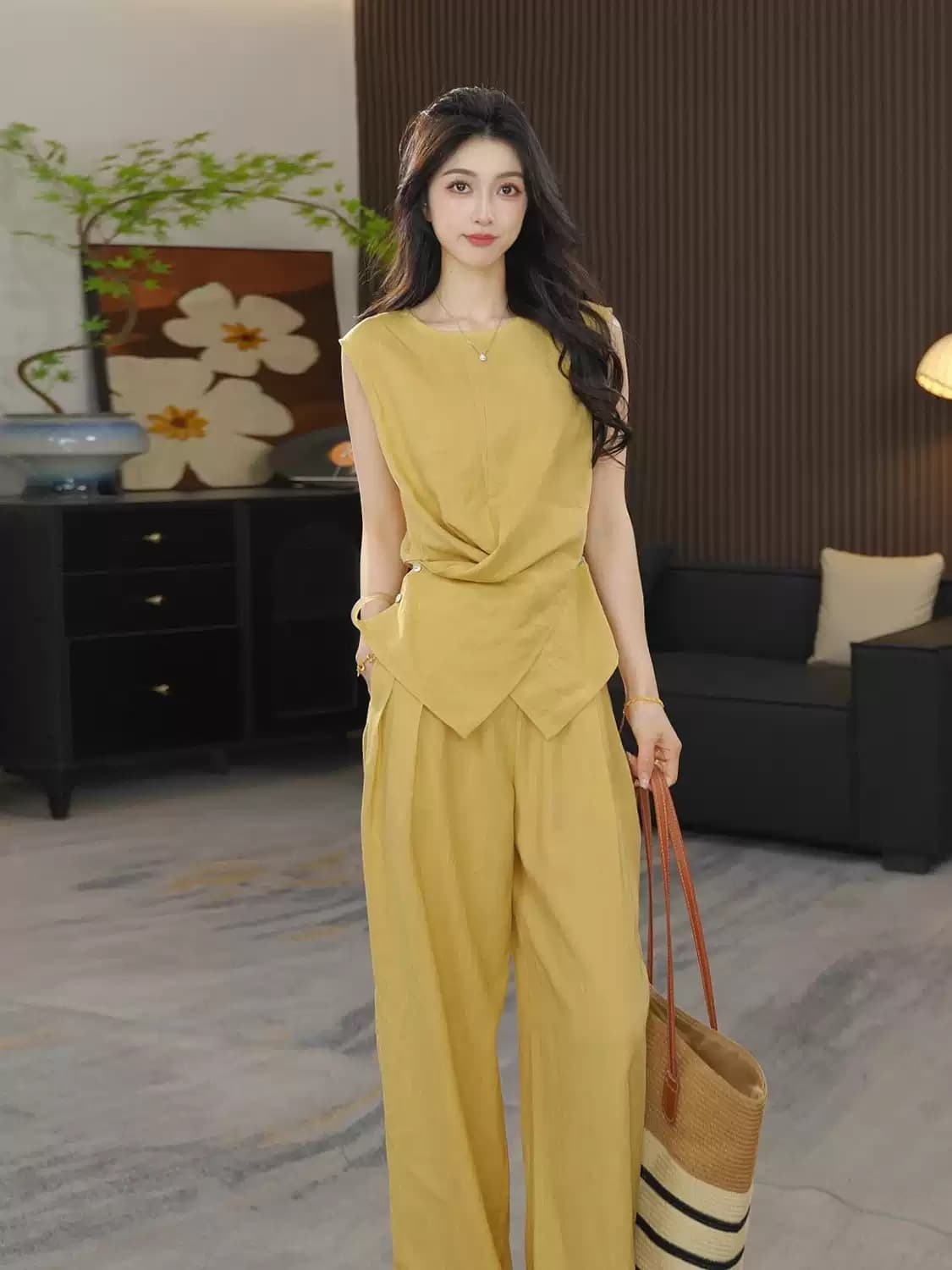 2026 새로운 품격 패션 연령 감소 표지 고기 민소매 허리 수축 십자가 맨위 하이웨이스트 와이드 레그 팬츠 세트 투피스 세트 상세 이미지 3