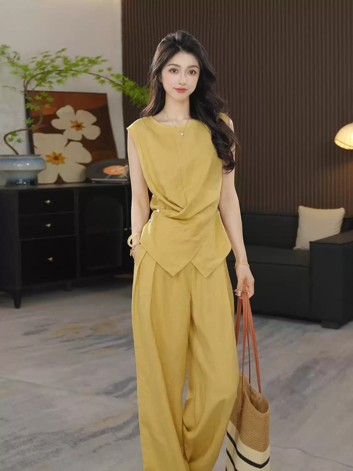 2026 새로운 품격 패션 연령 감소 표지 고기 민소매 허리 수축 십자가 맨위 하이웨이스트 와이드 레그 팬츠 세트 투피스 세트 상세 이미지 4